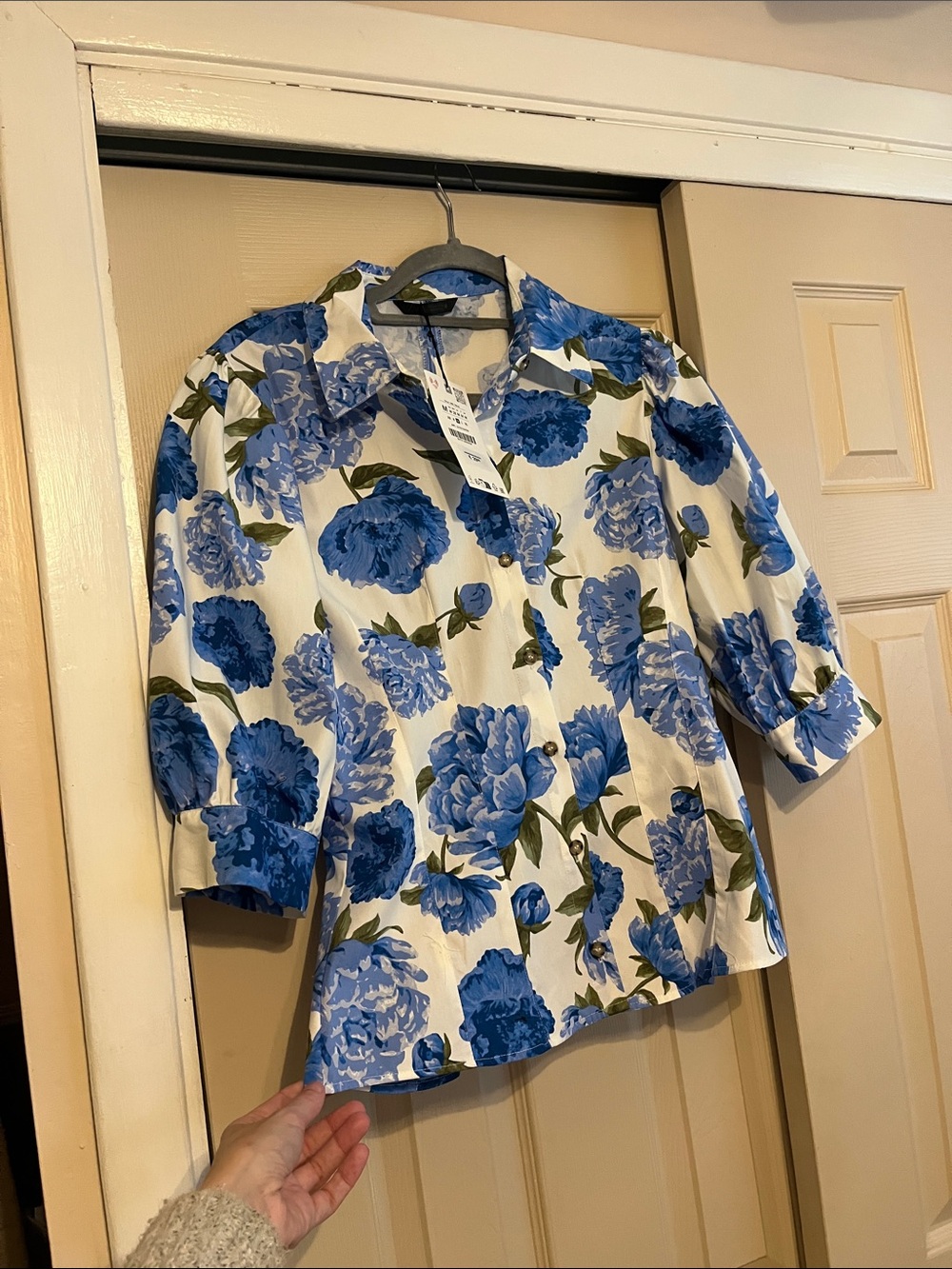 Zara White Blouse with Blue Floral Print